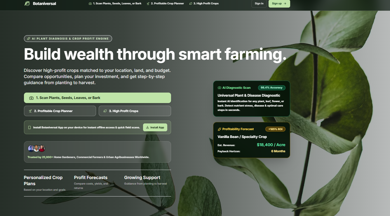 Botaniversal agricultural intelligence landing page preview