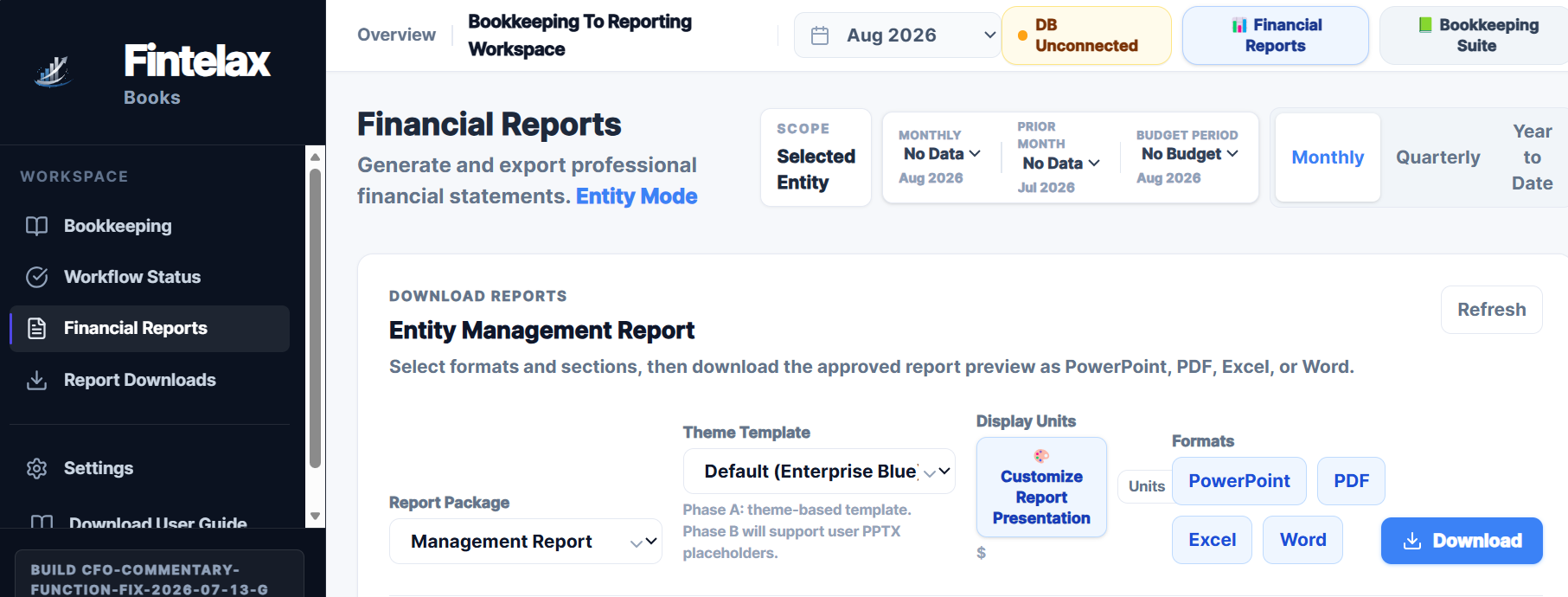 FintelaxBooks financial reports workspace preview